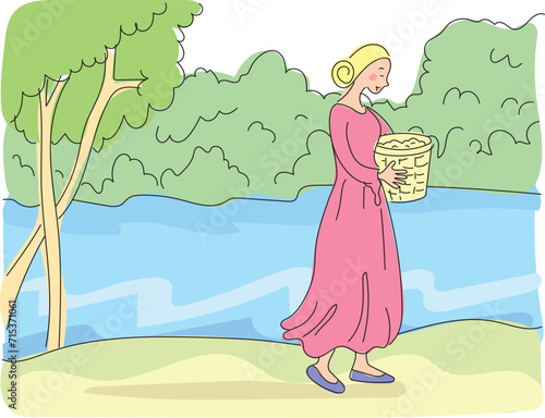 A peasant girl walking by the stream with a basket in her hand.
