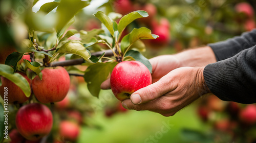 Hands touching and inspect the quality of red apple branch full of apples before plucking the harvest