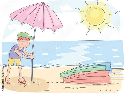 A child who is overwhelmed by the heat. The child, overwhelmed by the heat, opens an umbrella. Sweaty boy.