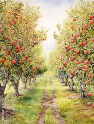 Autumnal Orchard Rows: Delicate Watercolor Depictions of Orchards
