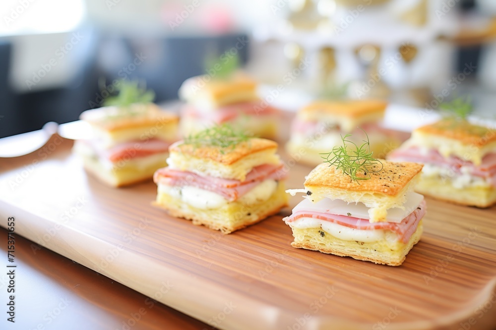 bite-sized croque monsieur appetizers on a serving tray for party bite-sized croque monsieur appetizers on a serving tray for party
