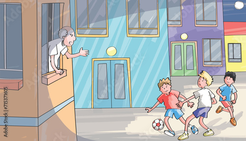 Children playing football on the street late at night. The old man is disturbed by the noise. The old man scolds the children.