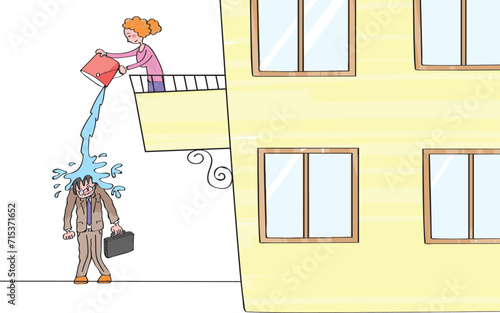 The woman pours water on the man's head from the balcony.
