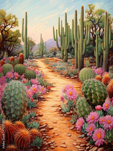 Blooming Cactus Pathway: Desert Trail Art in Captivating Illustrations
