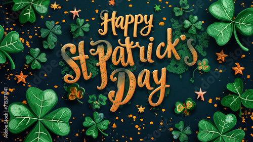 Background with lucky leaf clover for St Patrick's day. A text and Green shamrock background. Generative AI Illustration. photo