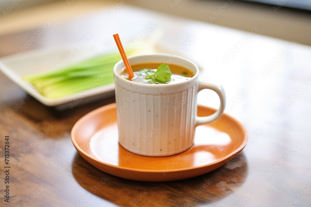 handled cup of detox tomato soup, celery stick on the side handled cup of detox tomato soup, celery stick on the side