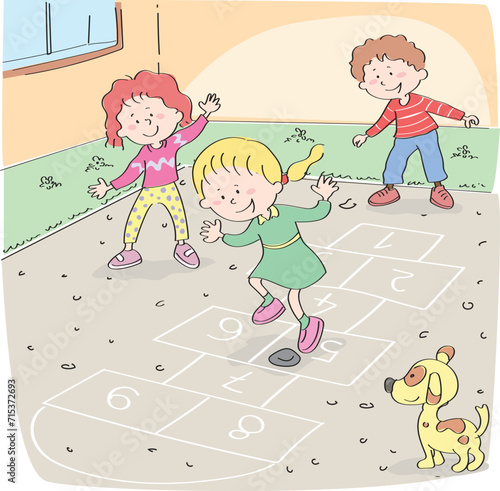 Little cute children playing hopscotch.