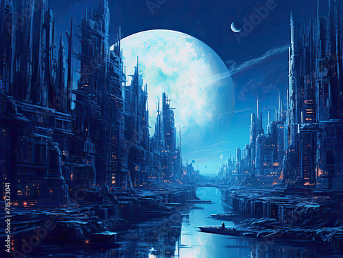 Futuristic City by Water at Night, A Breathtaking Urban Landscape in the Darkness