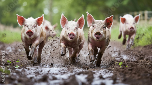 Some piglets running in the mud