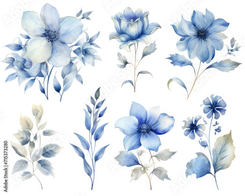 A Collection of Blue Flowers on a White Background