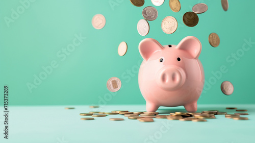 A piggy bank and falling money  on a green background