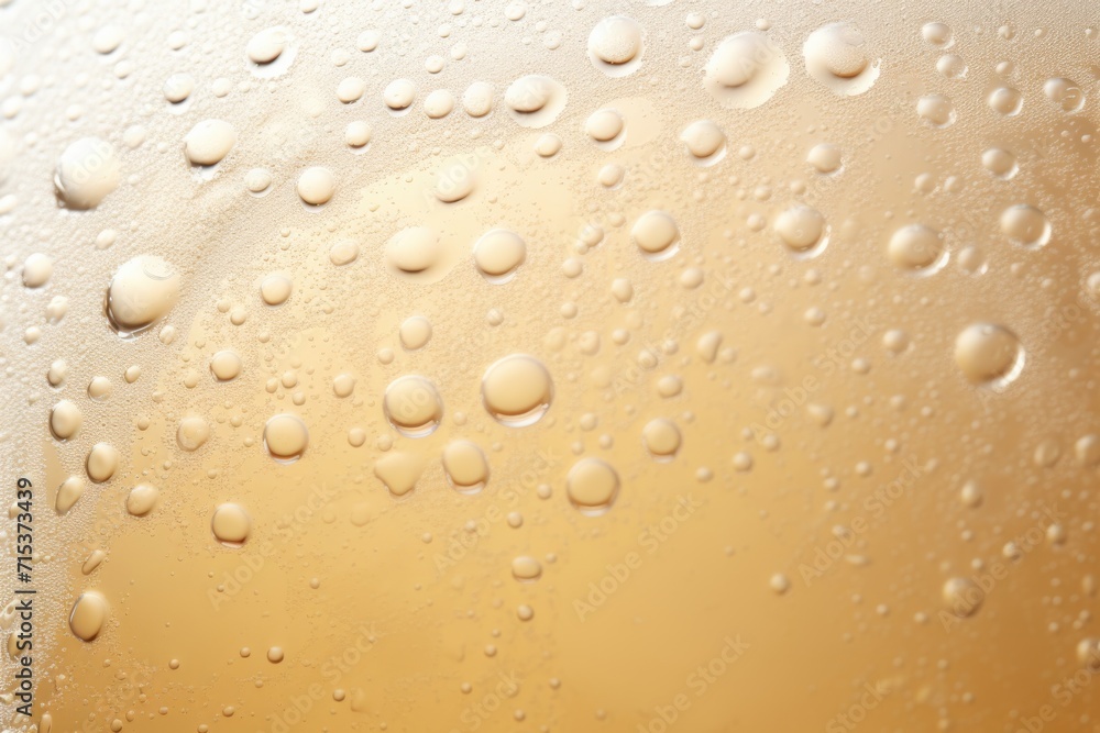Closeup pouring lager beer with bubbles and froth in frosty glass