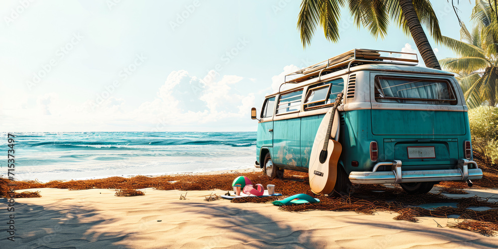Summer Beach Vacation with Vintage Van, Surfboard, Guitar, Beach Ball, and Flip-Flops on Tropical Seaside - obrazy, fototapety, plakaty 