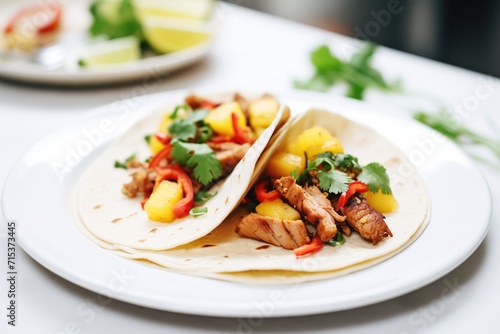 spicy pork fajitas with pineapple and cilantro on a white plate