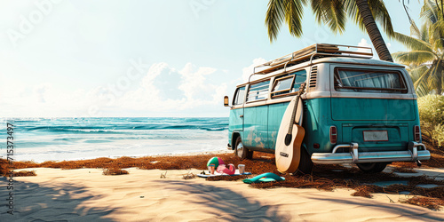 Summer Beach Vacation with Vintage Van, Surfboard, Guitar, Beach Ball, and Flip-Flops on Tropical Seaside © Bartek