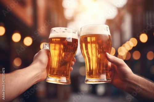 Closeup of beer glasses clinking at outdoor bar