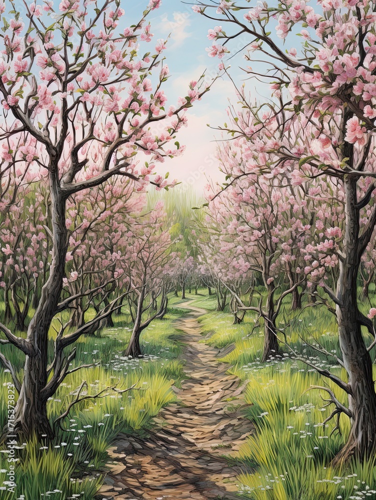 Blossoming Peach Orchards: Woodland Art Print Celebrating Trees and Orchard Surroundings