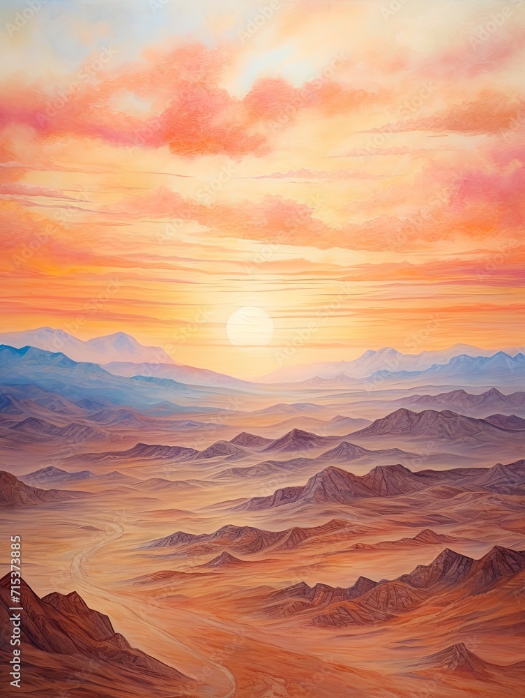 Naklejka premium Bohemian Desert Sunsets: Handmade Landscape Painting of Dawn in Desert Landscape Art.