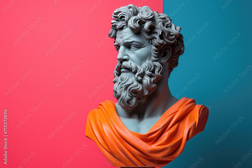 Aesthetic greek bust on solid bright color background