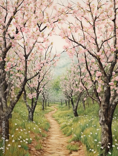 Blossoming Peach Orchards Woodland Art Print: Tranquil Groves of Blooming Trees in Orchard Surroundings