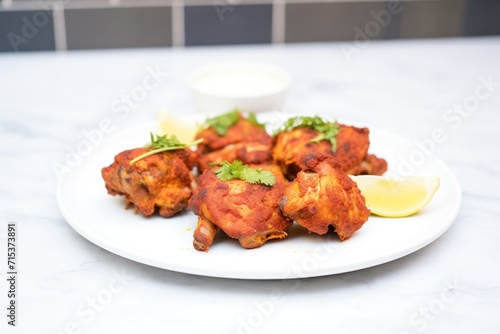 uncooked tandoori chicken thighs on a white plate