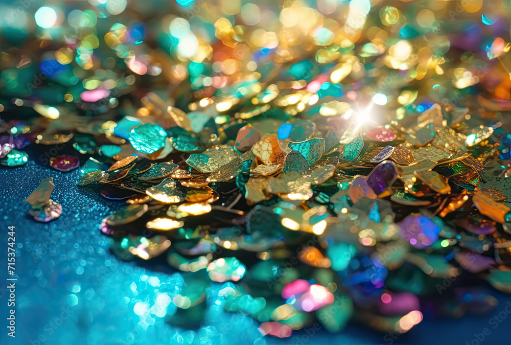 Glitter Pile Close Up, Glistening Sparkles of Colorful Dust in Macro Detail