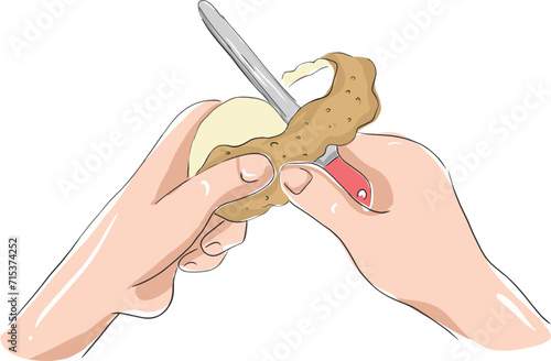 Hands peeling potatoes with a knife.