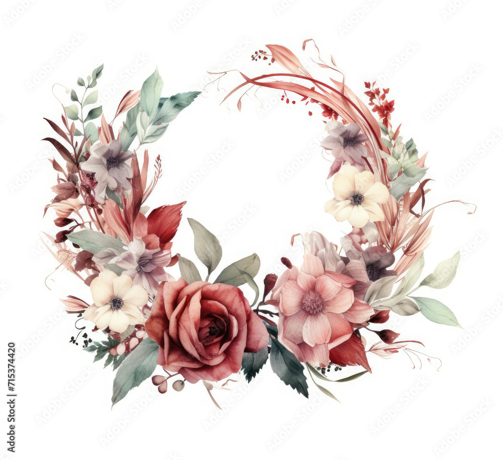 Wreath With Flowers and Leaves on White Background - Nature Inspired Home Decor