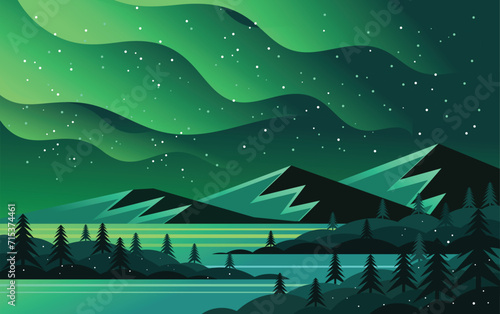 Winter Night Landscape Northern Lights Aurora Borealis (ID: 715374461)
