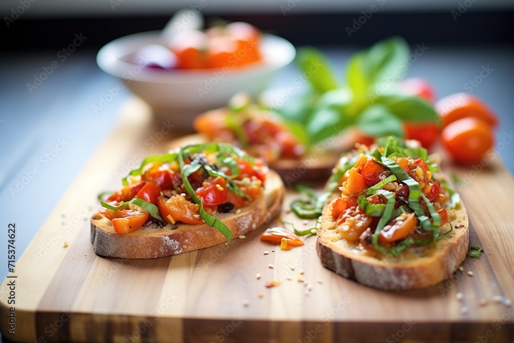 bruschetta on toasted baguette slices with whole plum tomatoes and basil on side