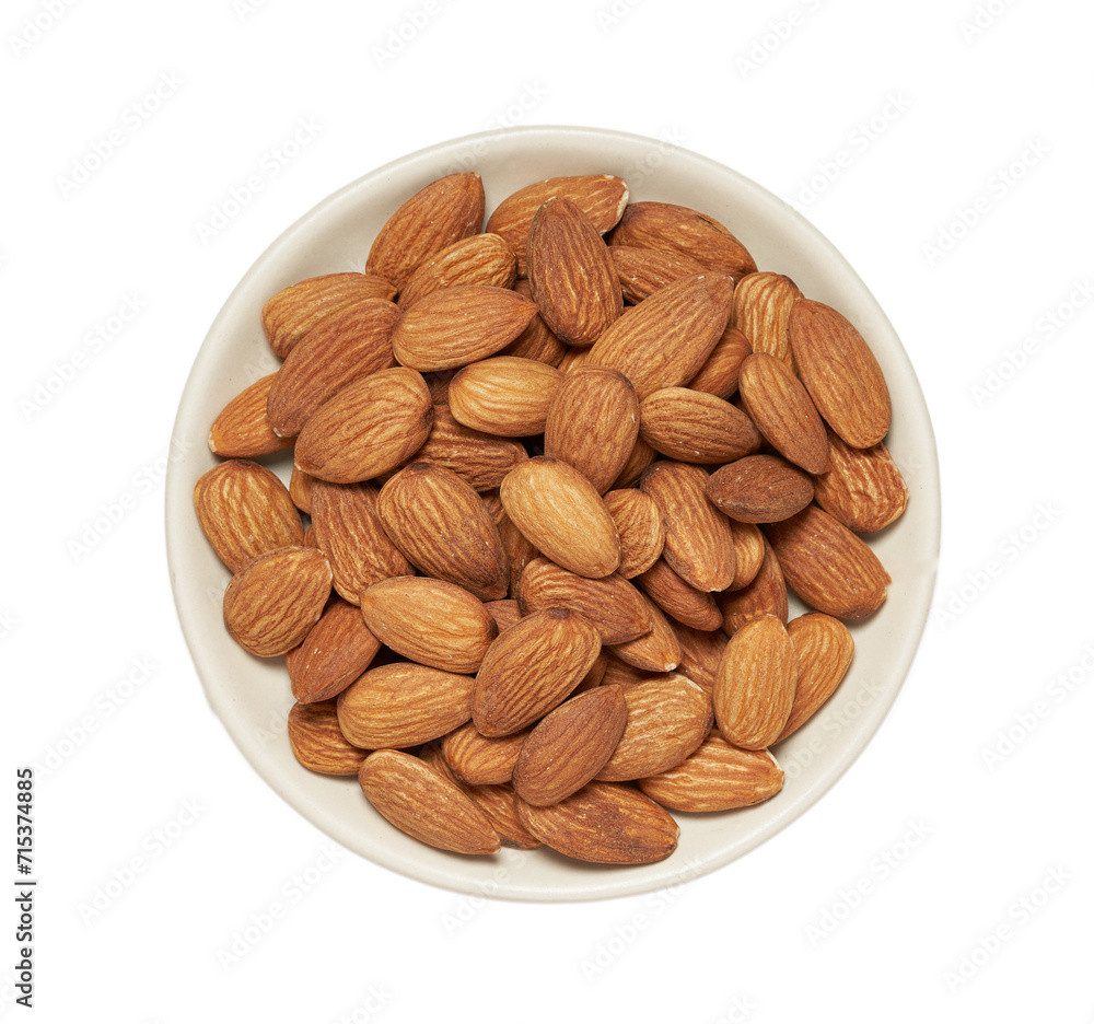 top view flat lay pile of peeled raw almond nut seed isolated on white background in bowl top view flat lay pile of peeled raw almond nut seed isolated on white background in bowl
