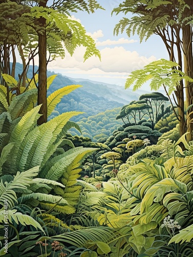 Botanical Fern Illustrations  Valley Landscape with Rolling Hills Art