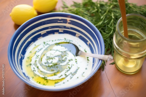 tzatziki in a ceramic dish with olive oil drizzle photo