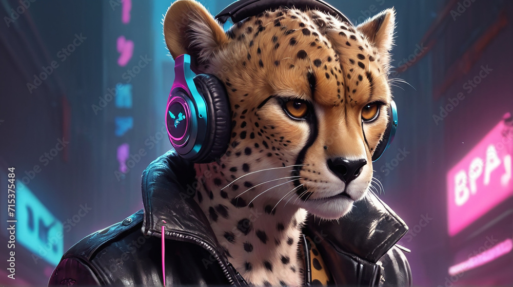 Cheetah Beats in Synthwave Stripes by Alex Petruk AI GENERATED Stock