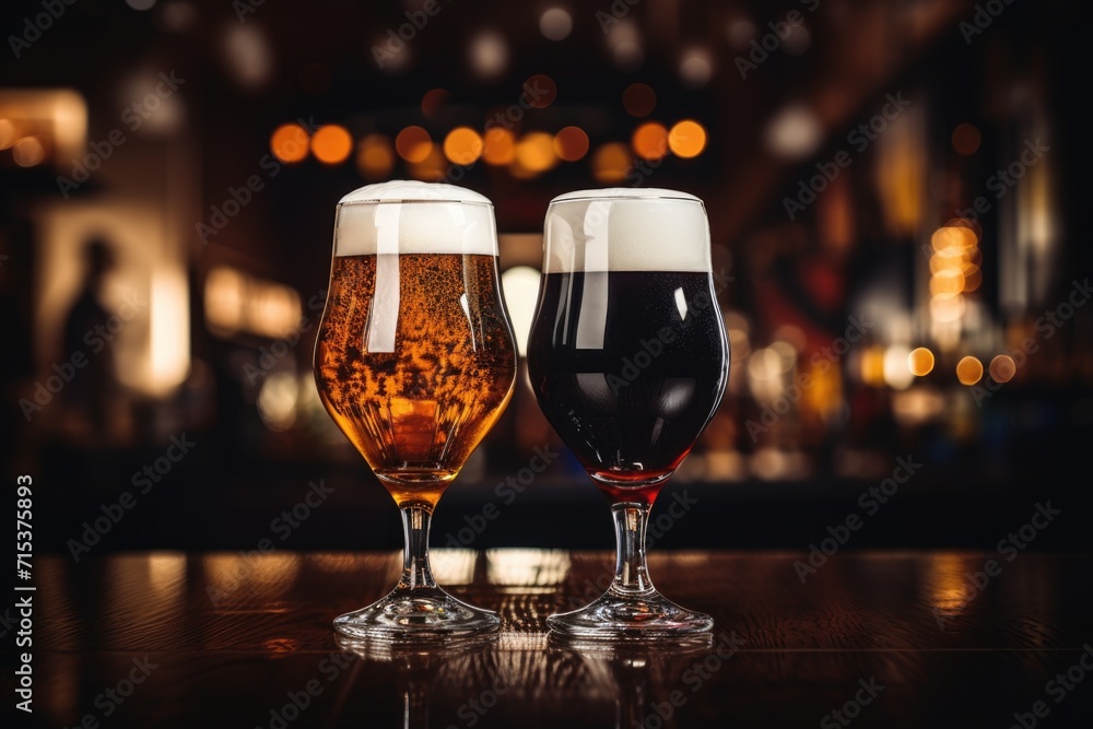 Light and dark beer glasses on pub background. Light and dark beer glasses on pub background.