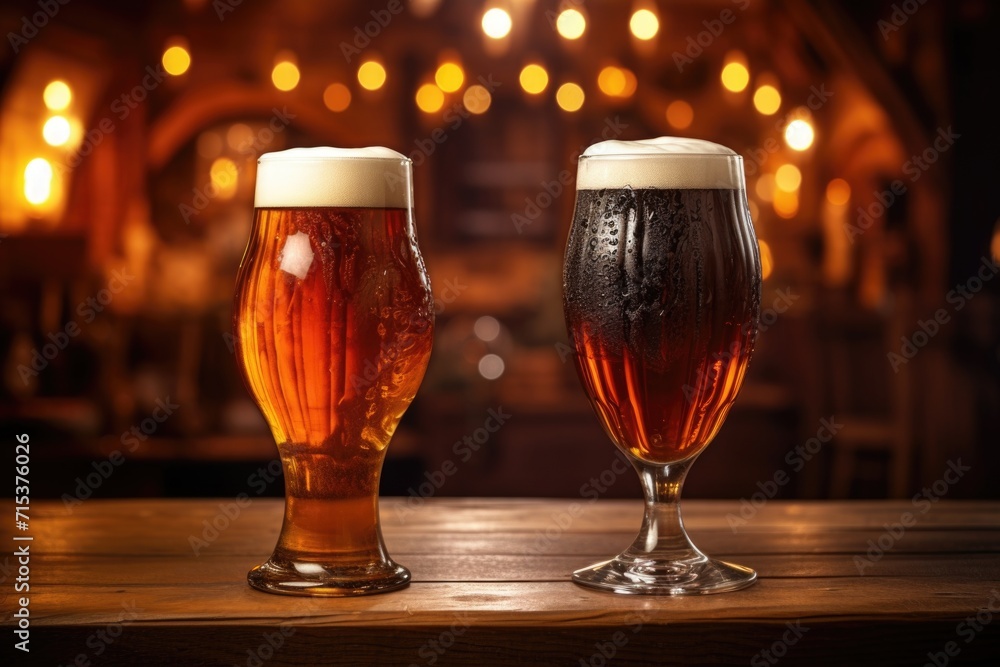 Light and dark beer glasses on pub background. Light and dark beer glasses on pub background.