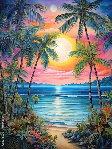 Celestial Moon Phases  Tropical Beach Art   Captivating Island Artwork