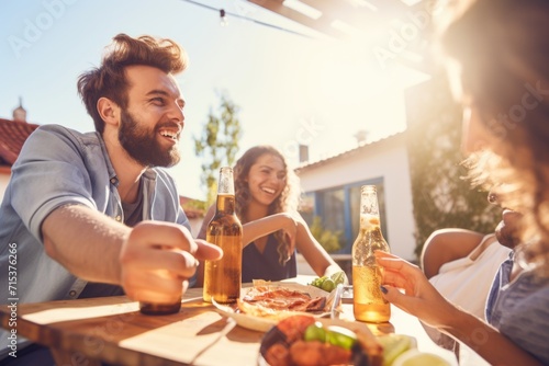 Friends enjoying beer and lunch on sunny terrace.