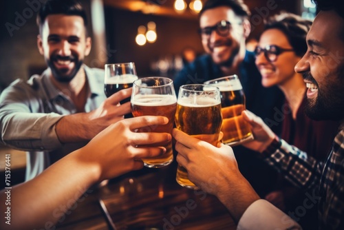 Friends enjoying beer at pub, emphasizing middle pint glass