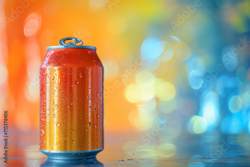 An AI generative image of mock up colourful can on bokeh background.
