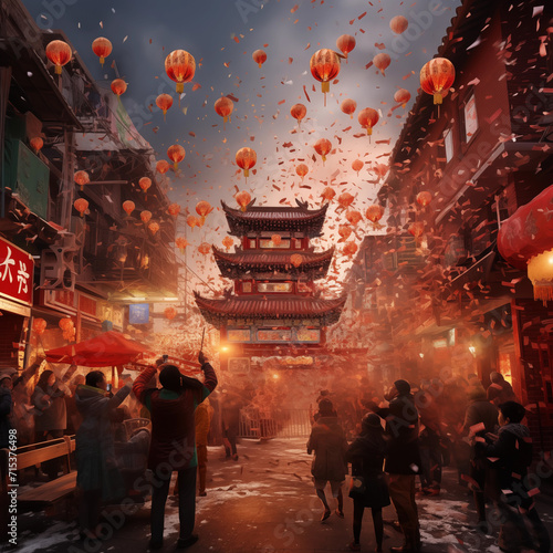 Festive Chinese New Year scene with floating lanterns above a busy traditional street, firecrackers, and historical architecture.
