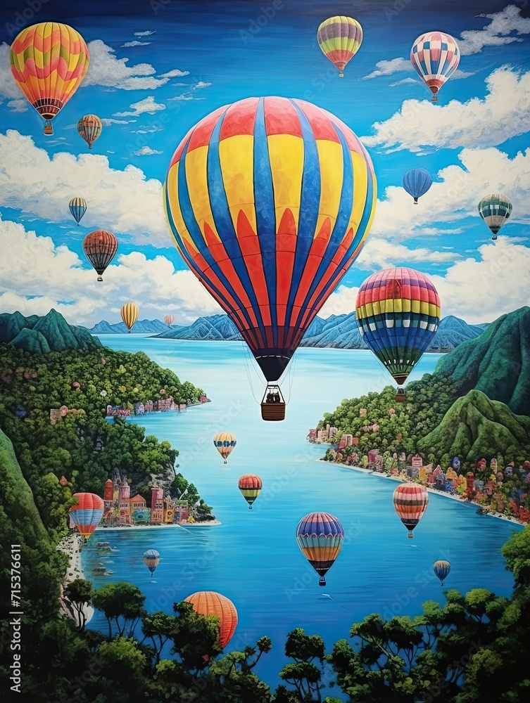 Fototapeta premium Colorful Hot Air Balloons: Island Artwork and Overwater Flight