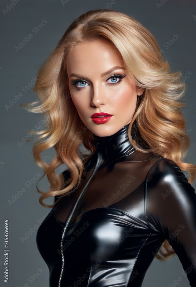 A woman with long blonde hair wearing a skintight black latex catsuit with gloves and a collar. A woman with long blonde hair wearing a skintight black latex catsuit with gloves and a collar.