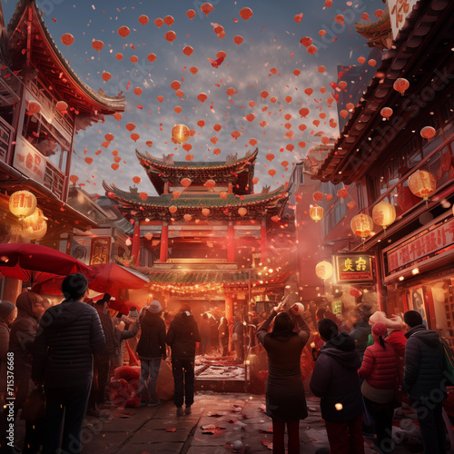 Festive Chinese New Year scene with floating lanterns above a busy traditional street, firecrackers, and historical architecture.
