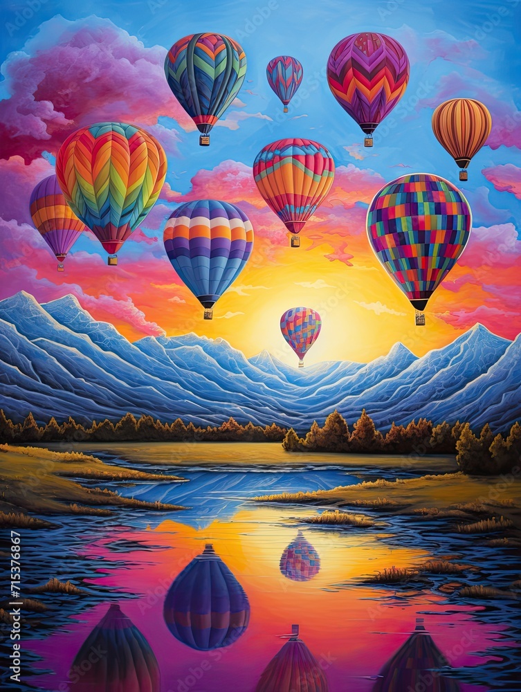 Fototapeta premium Colorful Hot Air Balloons Soaring Through the Twilight Landscape at Dusk