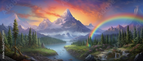 Digital art fantasy landscape with mountains  rainbow  and waterfalls. Imaginative scenery.