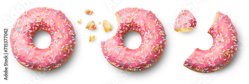 Donuts isolated set. Fresh donut, bitten and half a donut on a transparent background, top view.