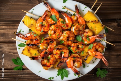  a plate of grilled shrimp and pineapple skewers on skewers with parsley on the side.