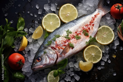 Fresh fish and seafood with green herbs and lemon on ice