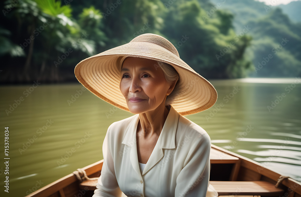An elderly Vietnamese woman in a wide-brimmed hat